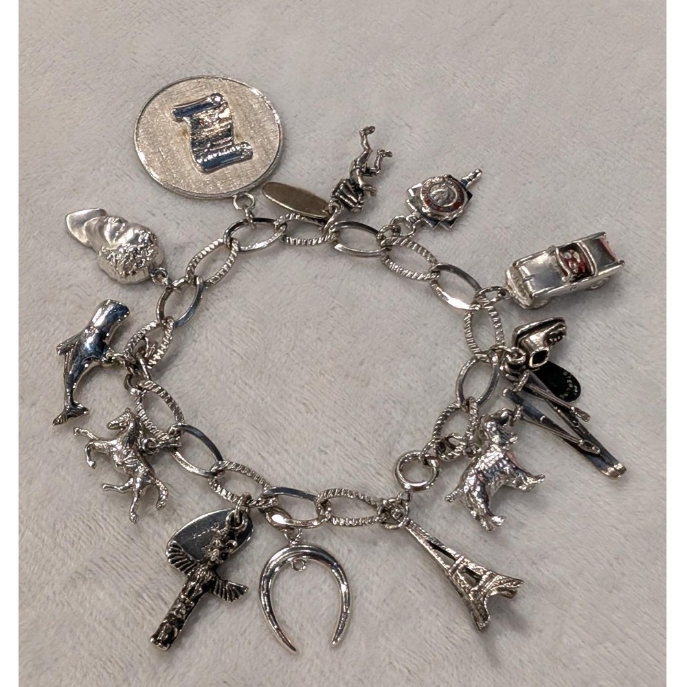 Vintage Sterling Silver Charm Bracelet 1961 Diploma Eiffel Tower Car 42.8g 7.5in